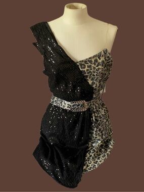 Asymmetric One-Shoulder Black & Leopard Sequin Mini Dress with Belt